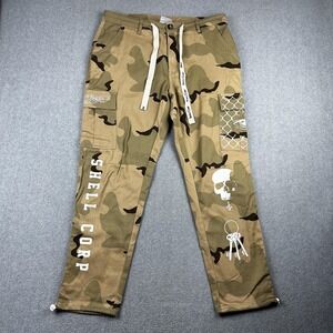 Shell Corp Pants Mens Large Tan Camo Cargo Streetwear Skull Graphic Joggers